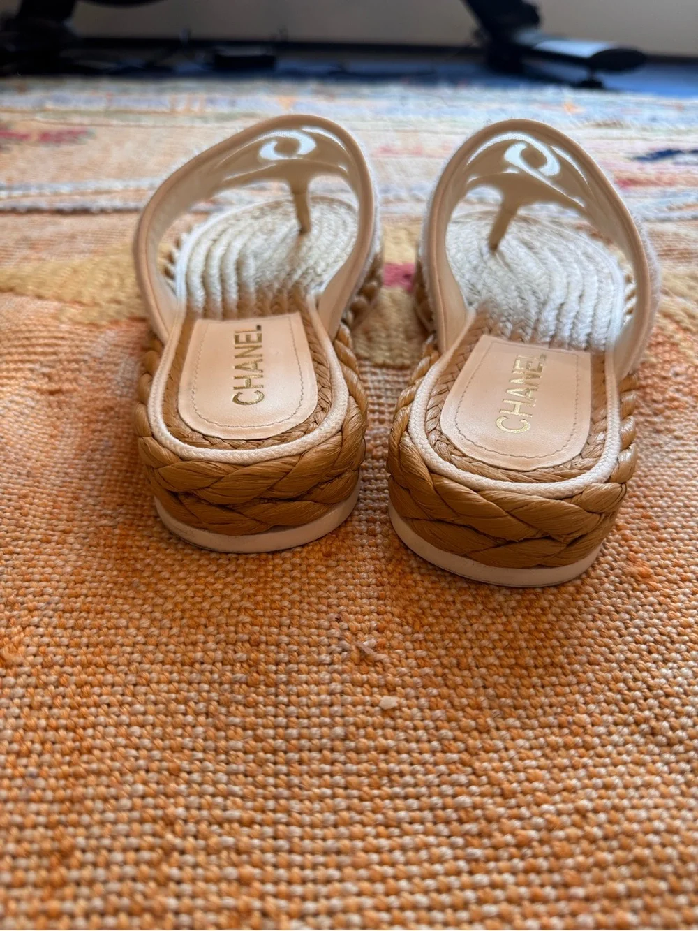 CHANEL White Braided Espadrille Thong Sandals with CC Logo